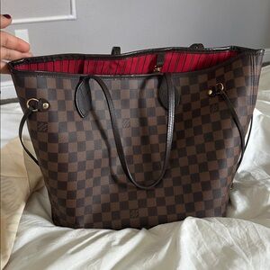 Louis Vuitton Brown Checkered Tote with Red Interior